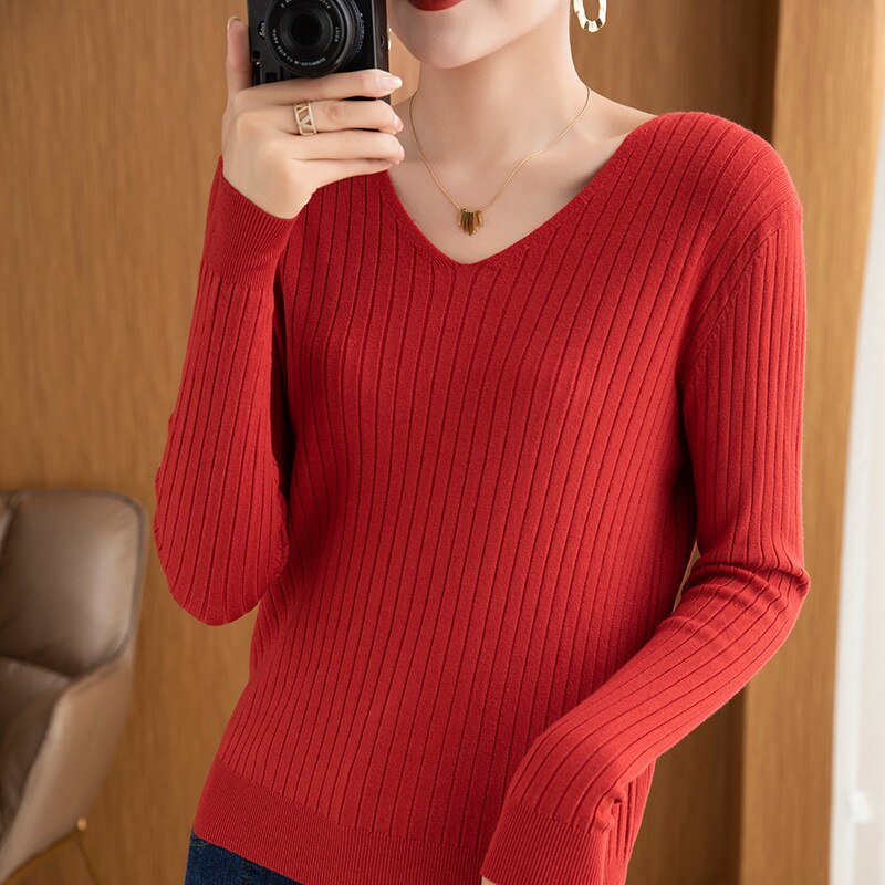 여성용 니트 풀오버 V넥 슬림핏 보터밍 셔츠, 단색 소프트 니트웨어 점퍼, 기본 스웨터, 2023 가을 겨울